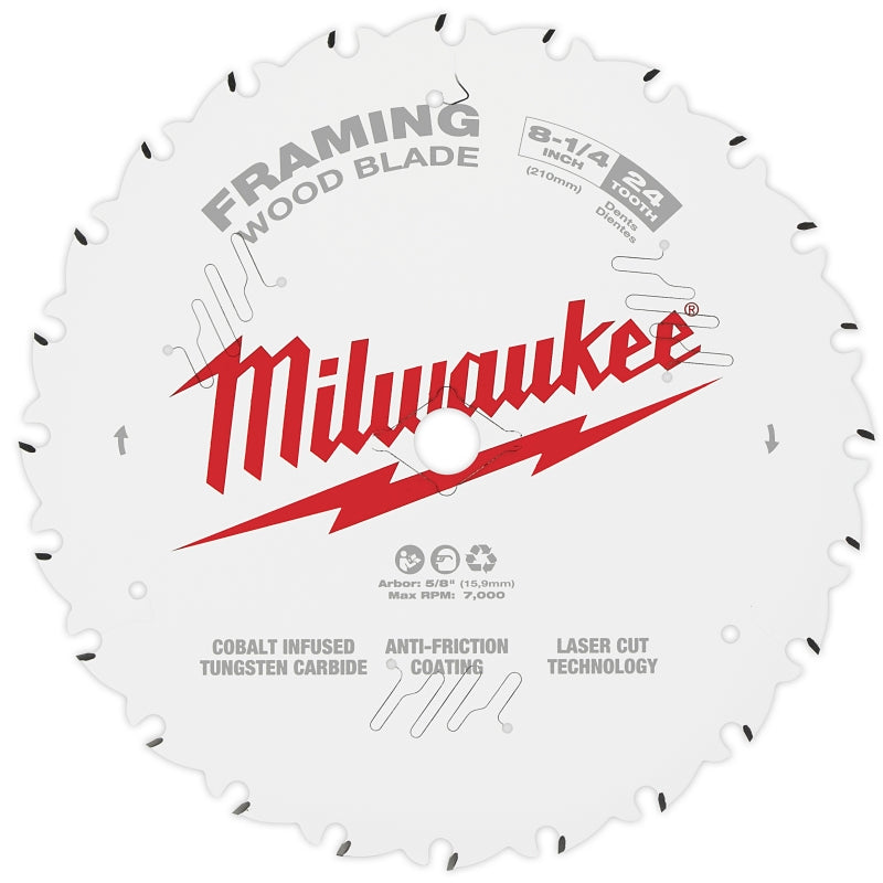 Milwaukee 48-40-0820 Circular Saw Blade, 8-1/4 in Dia, 5/8 in Arbor, 24-Teeth, Carbide Cutting Edge