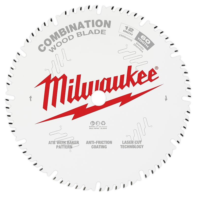 Milwaukee 48-40-1222 Circular Saw Blade, 12 in Dia, 1 in Arbor, 60-Teeth, Carbide Cutting Edge, 1/PK