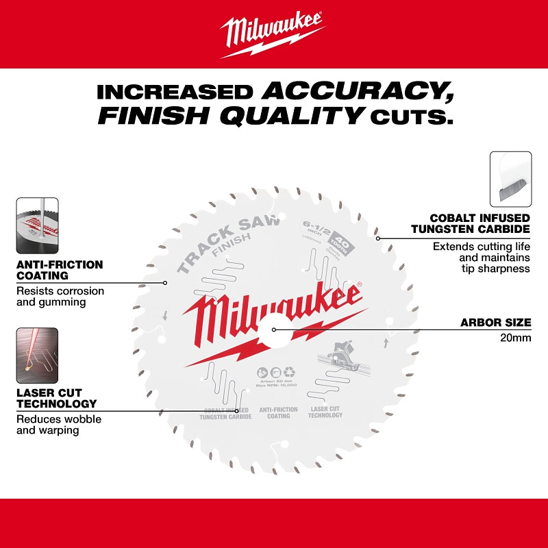 Milwaukee 48-40-0625 Track Saw Blade, 6-1/2 in Dia, 20 mm Arbor, 40-Teeth, Tungsten Carbide Cutting Edge, Pack of 5