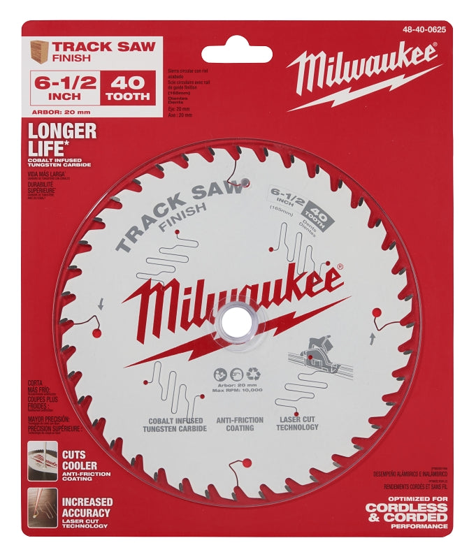 Milwaukee 48-40-0625 Track Saw Blade, 6-1/2 in Dia, 20 mm Arbor, 40-Teeth, Tungsten Carbide Cutting Edge, Pack of 5