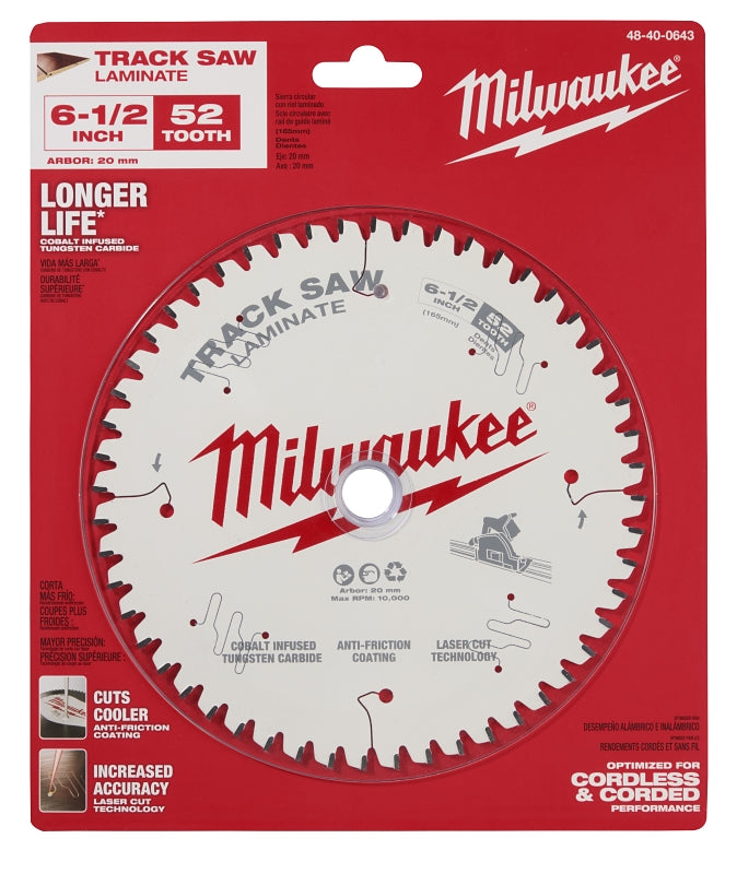 Milwaukee 48-40-0643 Track Saw Blade, 6-1/2 in Dia, 20 mm Arbor, 52-Teeth, Tungsten Carbide Cutting Edge