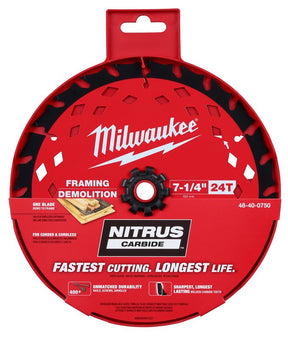Milwaukee 48-40-0750 Circular Saw Blade, 7-1/4 in Dia, 24-Teeth, Carbide Cutting Edge