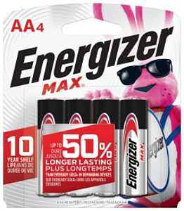 Energizer E91 Series E91BP-4 Battery, 2850 mAh, AA Battery, Alkaline, Manganese Dioxide, Zinc, Silver, 4/PK