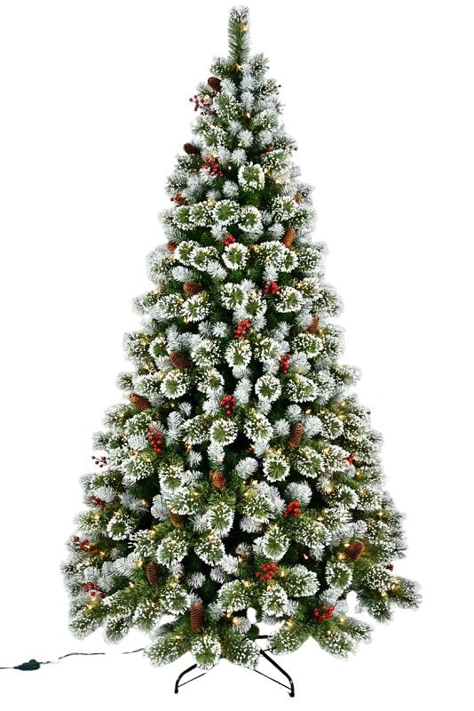 Santas Forest 39115 Frosted Colorado Spruce Tree, 7-1/2 ft H, w/Berries & Pinecones, Silver Glitter
