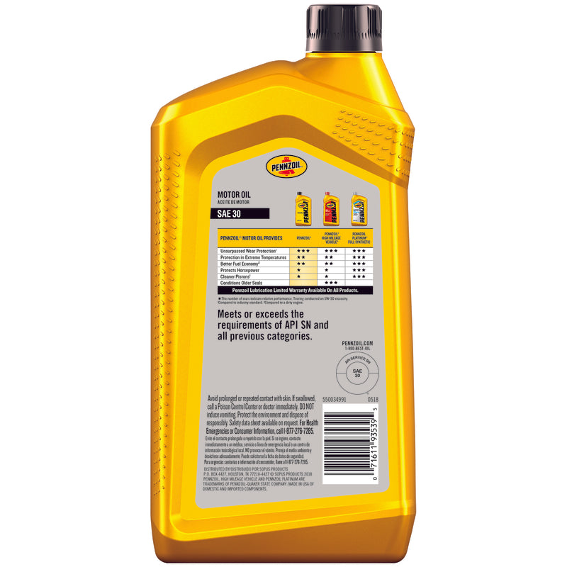 Pennzoil SAE 30 4-Cycle Heavy Duty Motor Oil 1 qt 1 pk, Pack of 6
