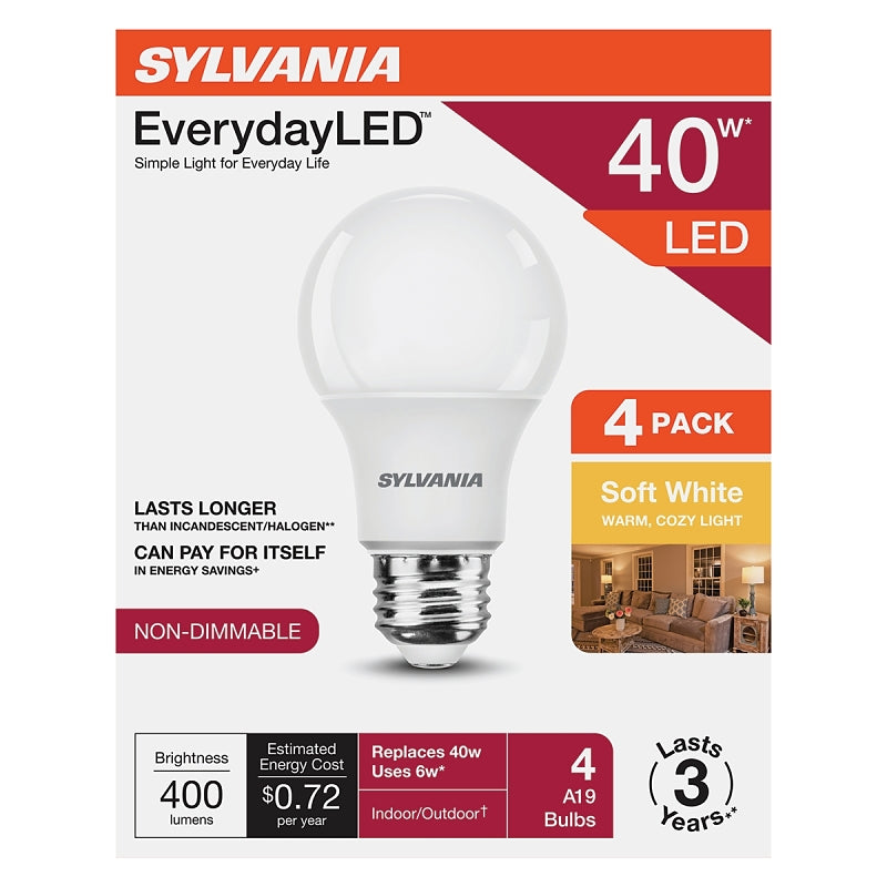 Sylvania 42012 LED Bulb, A19 Lamp, E26 Medium Lamp Base, No, Warm White, Soft White, 2700 K Color Temp