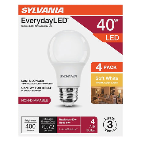 Sylvania 42012 LED Bulb, A19 Lamp, E26 Medium Lamp Base, No, Warm White, Soft White, 2700 K Color Temp