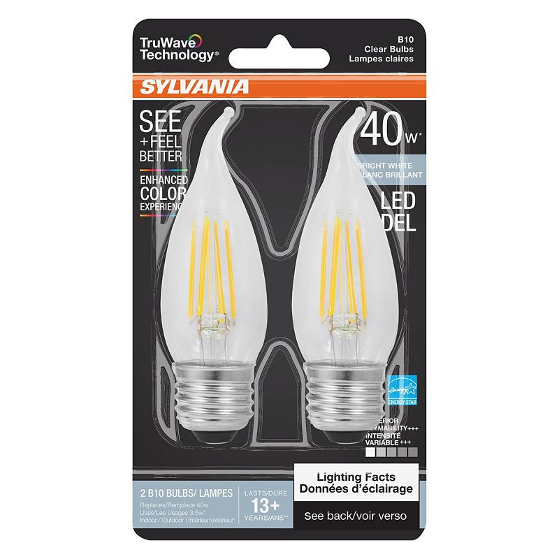 Sylvania TruWave Series 42094 LED Bulb, Bent Tip Lamp, 40 W Equivalent, Medium E26 Lamp Base, Dimmable, Clear