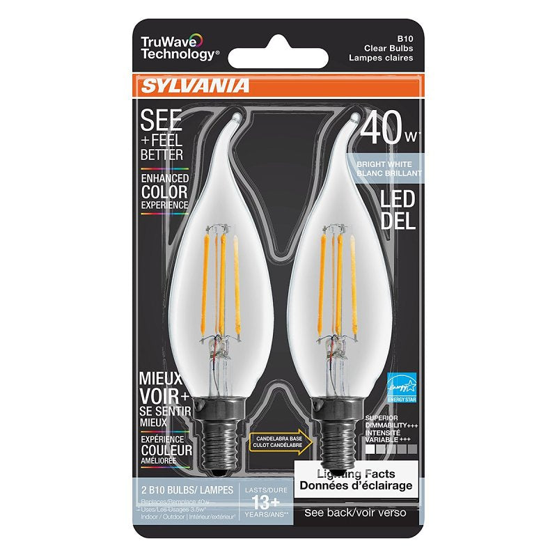 Sylvania TruWave Series 42093 LED Bulb, Bent Tip Lamp, 40 W Equivalent, Candelabra E12 Lamp Base, Dimmable, Clear