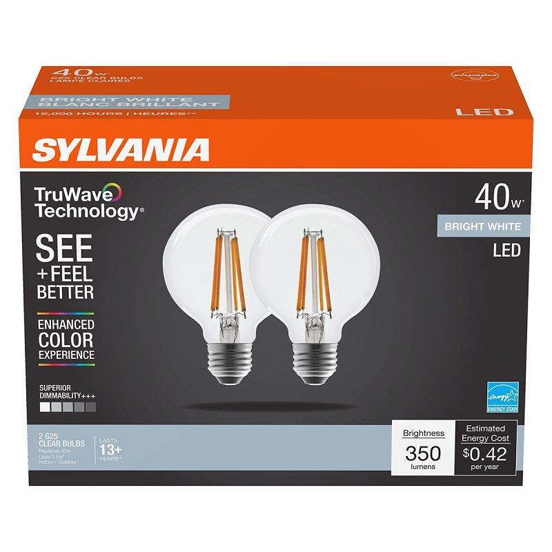 Sylvania TruWave Series 42085 LED Bulb, G25 Lamp, 40 W Equivalent, Medium E26 Lamp Base, Dimmable, Clear