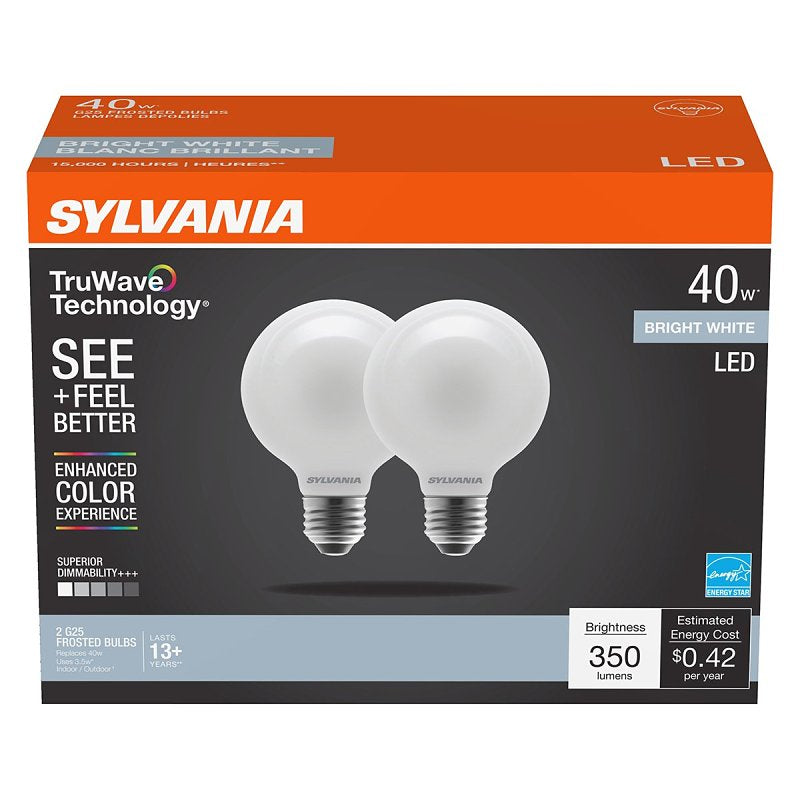 Sylvania TruWave Series 42086 LED Bulb, G25 Lamp, 40 W Equivalent, Medium E26 Lamp Base, Dimmable, Frosted