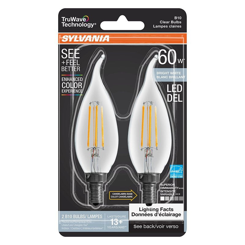 Sylvania TruWave Series 42095 LED Bulb, Bent Tip Lamp, 60 W Equivalent, Candelabra E12 Lamp Base, Dimmable, Clear