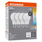 Sylvania 42479 LED Bulb, 5CCT Selectable, A19 Lamp, 60 W Equivalent, E26 Medium Lamp Base, Dimmable, Frosted, Pack of 4