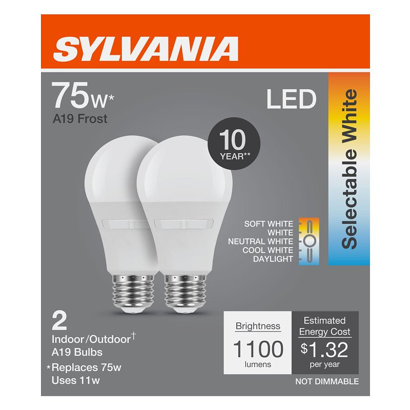 Sylvania Contractor Series 42481 LED Light Bulb, A19 Lamp, 75 W Equivalent, E26 Medium Lamp Base, Frosted