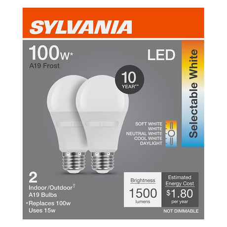 Sylvania 42483 LED Bulb, 5CCT Selectable, A19 Lamp, 100 W Equivalent, E26 Medium Lamp Base, Frosted