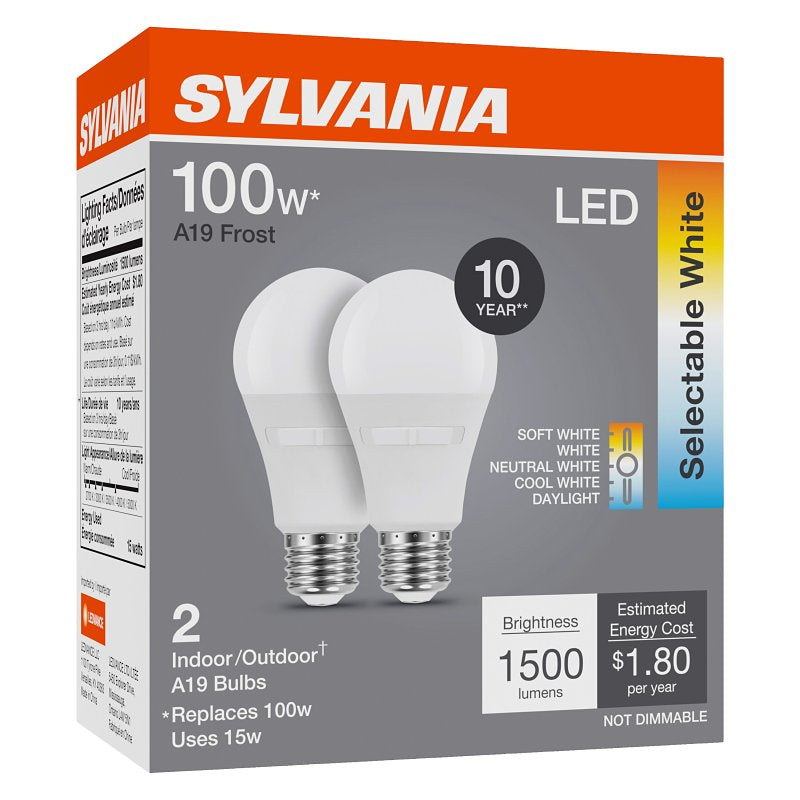 Sylvania 42483 LED Bulb, 5CCT Selectable, A19 Lamp, 100 W Equivalent, E26 Medium Lamp Base, Frosted