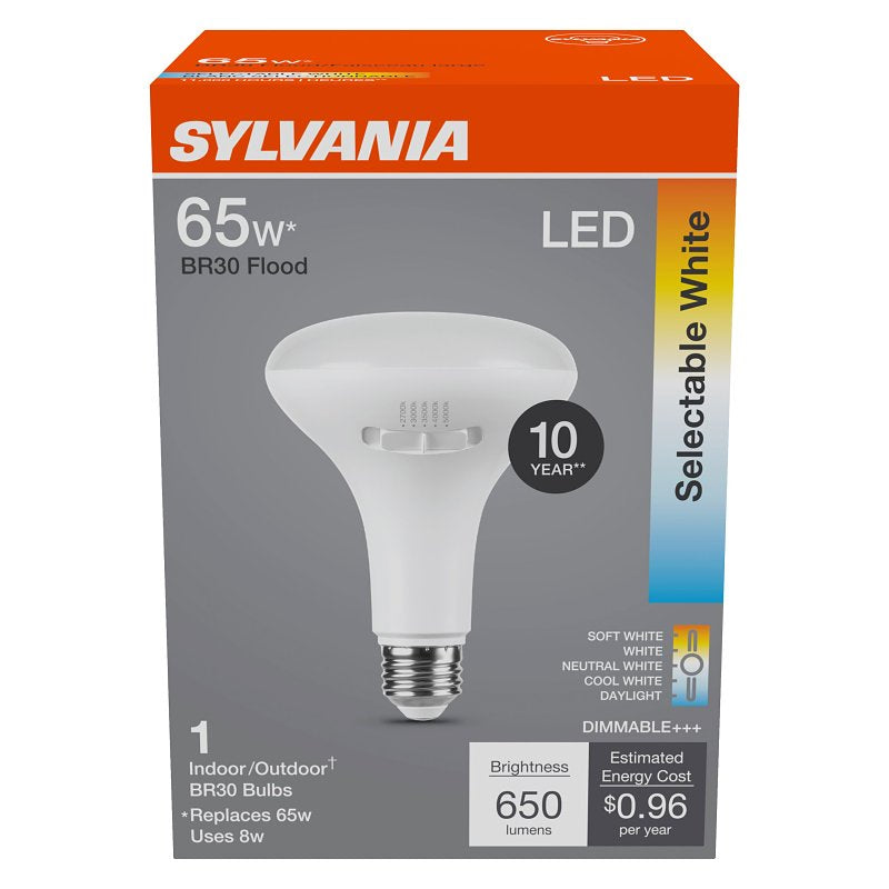 Sylvania 42575 LED Bulb, 5CCT Selectable, BR30 Lamp, 65 W Equivalent, E26 Medium Lamp Base, Dimmable, White, Pack of 4