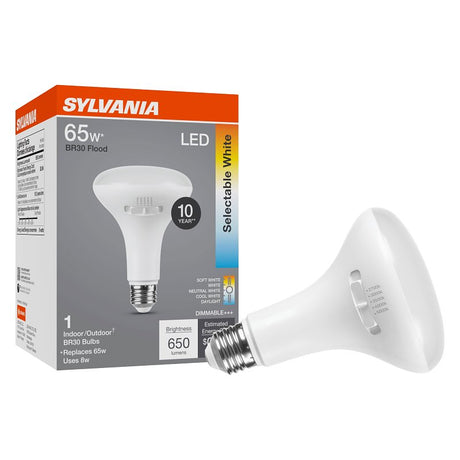 Sylvania 42575 LED Bulb, 5CCT Selectable, BR30 Lamp, 65 W Equivalent, E26 Medium Lamp Base, Dimmable, White, Pack of 4