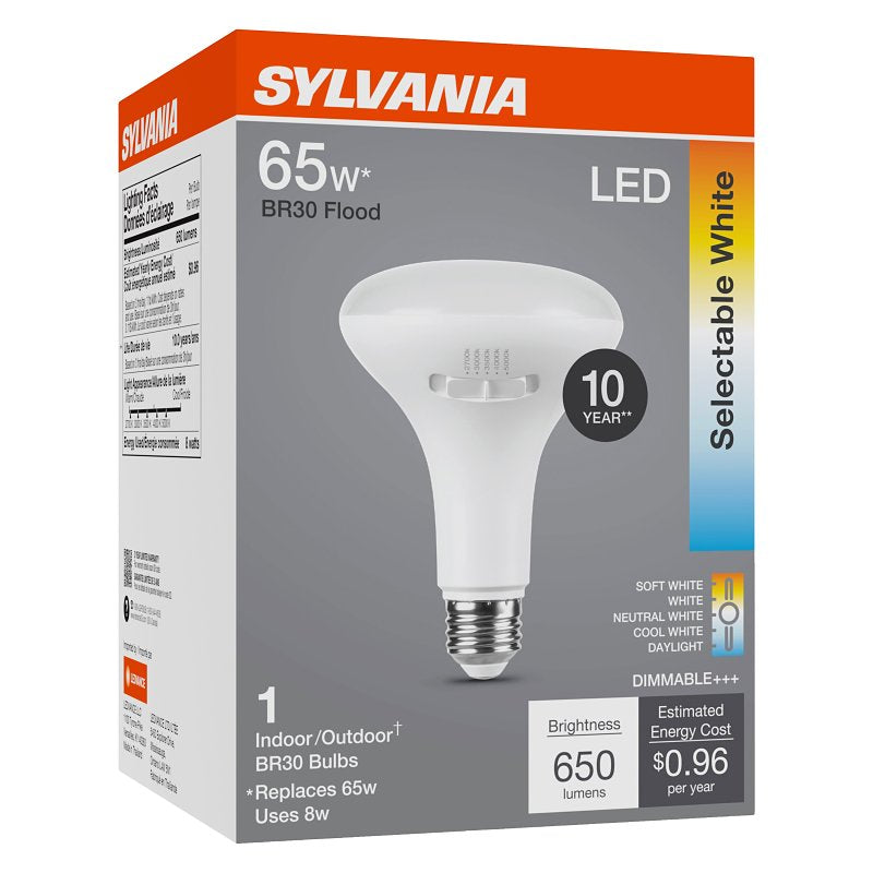 Sylvania 42575 LED Bulb, 5CCT Selectable, BR30 Lamp, 65 W Equivalent, E26 Medium Lamp Base, Dimmable, White, Pack of 4