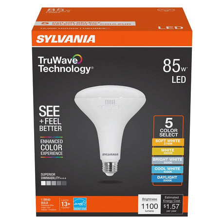 Sylvania TruWave 42108 LED Bulb, 5CCT Selectable, BR40 Lamp, 85 W Equivalent, E26 Medium Lamp Base, Dimmable, Frosted, Pack of 4