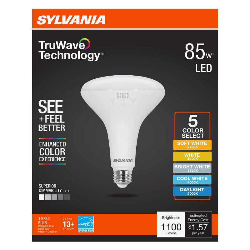 Sylvania TruWave 42108 LED Bulb, 5CCT Selectable, BR40 Lamp, 85 W Equivalent, E26 Medium Lamp Base, Dimmable, Frosted, Pack of 4