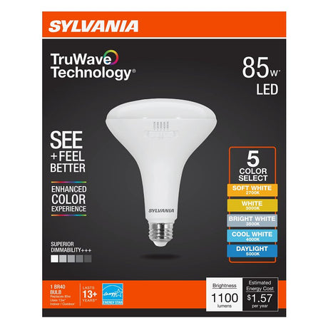 Sylvania TruWave 42108 LED Bulb, 5CCT Selectable, BR40 Lamp, 85 W Equivalent, E26 Medium Lamp Base, Dimmable, Frosted, Pack of 4