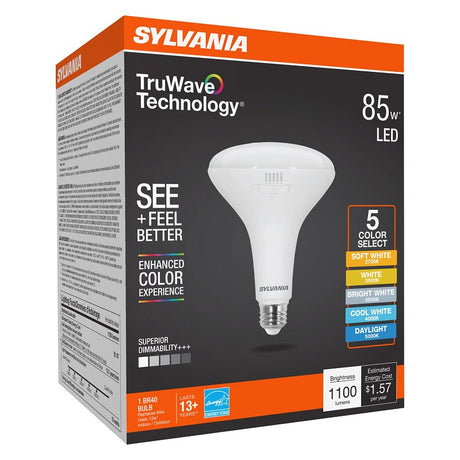 Sylvania TruWave 42108 LED Bulb, 5CCT Selectable, BR40 Lamp, 85 W Equivalent, E26 Medium Lamp Base, Dimmable, Frosted, Pack of 4