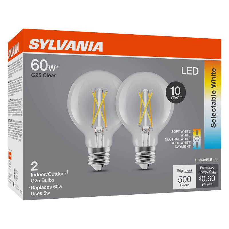 Sylvania Contractor Series 42592 LED Bulb, G25 Lamp, 60 W Equivalent, E26 Lamp Base, Dimmable, Clear