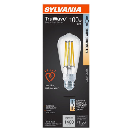 Sylvania TruWave 42270 LED Bulb, 5CCT Selectable, ST19 Lamp, 100 W Equivalent, E26 Medium Lamp Base, Dimmable, Clear, Pack of 4