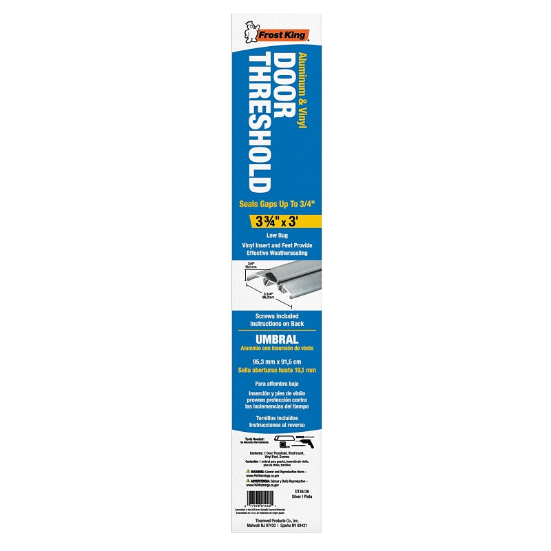 Frost King DT36/36A Top Threshold, 36 in L, 3-3/4 in W, Aluminum/Vinyl, Silver