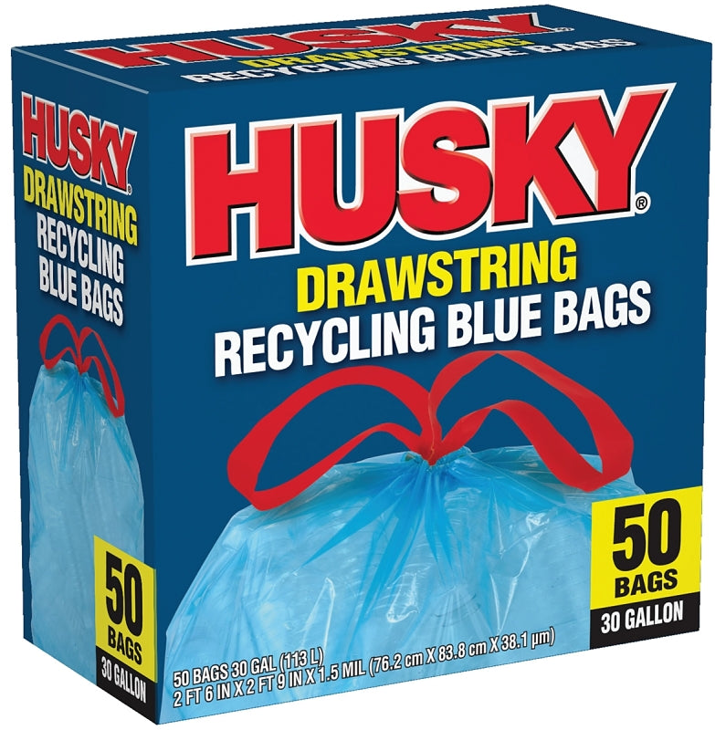 Husky HK30DS050BU Trash Bag with Drawstring, 30 gal Capacity, Blue