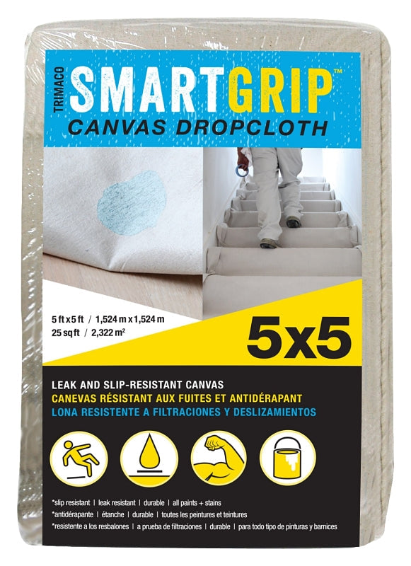 Trimaco Smart Grip 85435 Drop Cloth, 5 ft L, 5 ft W, Canvas, Beige/Cream