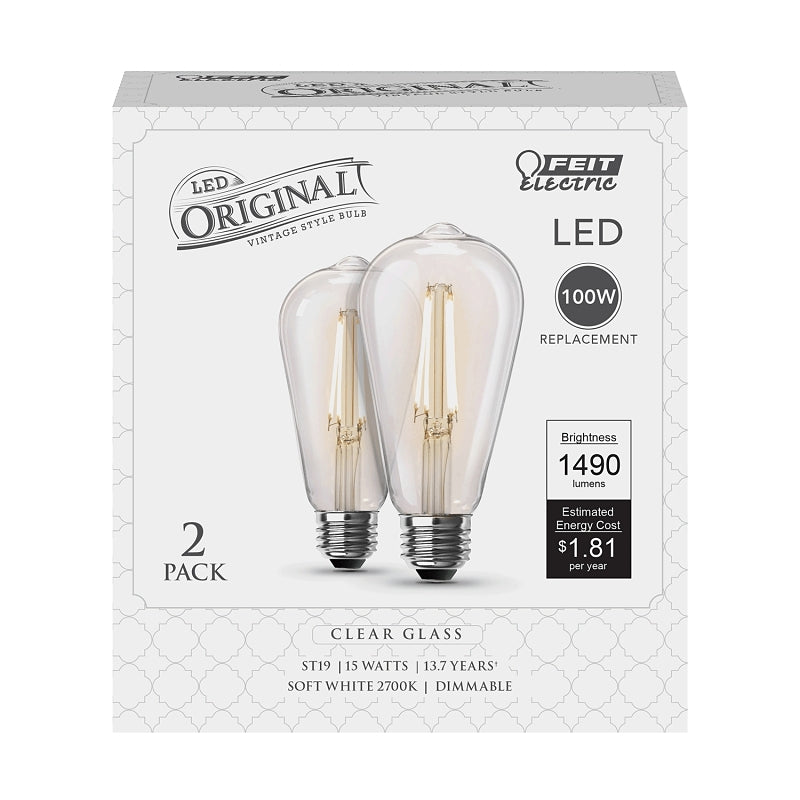 Feit Electric ST19100CL/927CA/2 LED Light Bulb, Original Vintage, 1490 Lumens, 15 W, ST19 Lamp, 100 W Equivalent, Clear