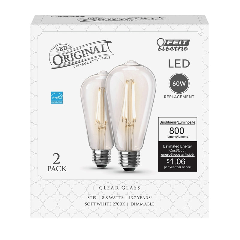 Feit Electric ST1960/CL/927CA/2 Filament LED Bulb, ST19 Lamp, 60 W Equivalent, E26 Medium Lamp Base, Dimmable, Clear