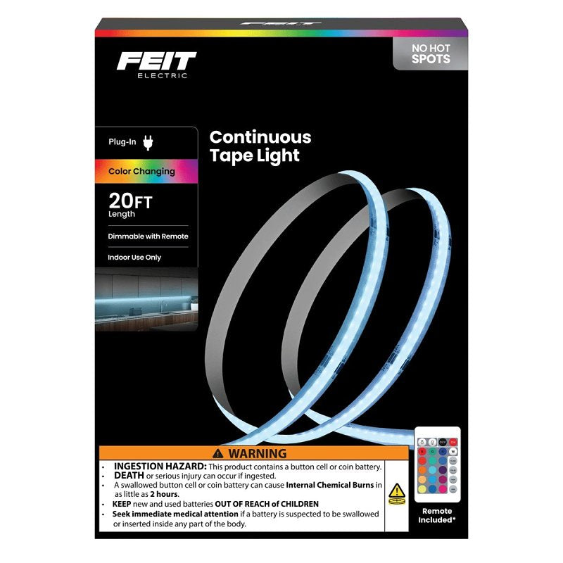 Feit Electric TAPE240/COB/RGB Indoor Continuous Color Tape Light, 120 V, LED Lamp, RGB Light, 120 Lumens