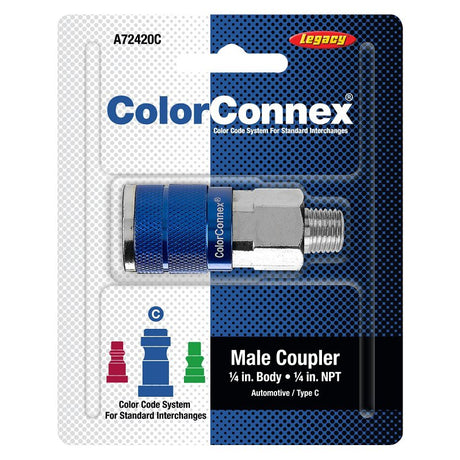 ColorConnex A72420C Automotive Interchange Coupler, 1/4 in, MNPT, Aluminum/Steel, Zinc, Blue