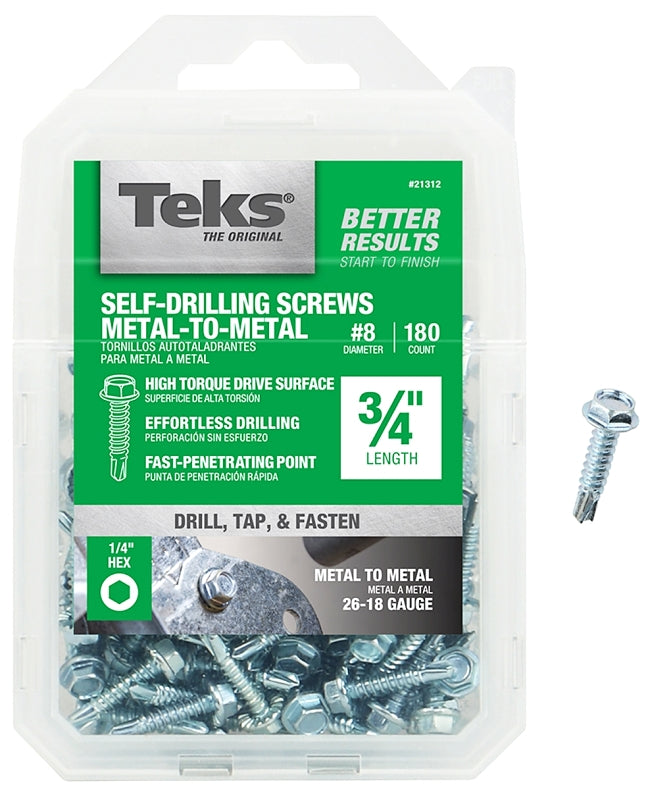 Teks 21312 Screw, #8 Thread, 3/4 in L, Coarse Thread, Hex Drive, Self-Drilling, Self-Tapping Point, Steel, Zinc, 180 PK