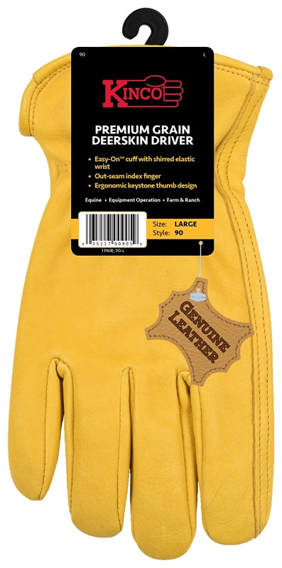 Kinco 90-M Driver Gloves, Men's, M, Keystone Thumb, Easy-On Cuff, Grain Deerskin Leather, Gold