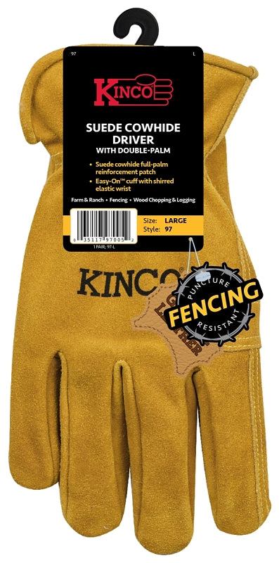 Kinco 97-L Work Gloves, Men's, L, Keystone Thumb, Shirred Elastic Cuff, Cowhide Leather, Gold