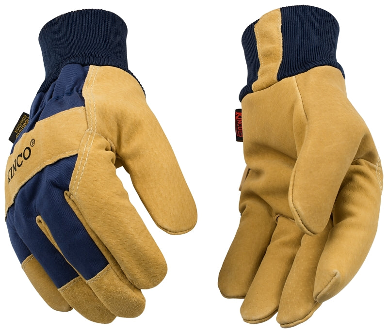 Heatkeep 1926KW-L Work Gloves, Men's, L, Wing Thumb, Easy-On, Shirred Elastic Cuff, Blue/Gold