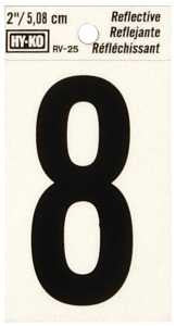 Hy-Ko RV-25 Series RV-25/8 Self-Adhesive Reflective Number, Character: 8, 2 in H Character, Black Character, Vinyl, Pack of 10