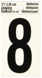 Hy-Ko RV-25 Series RV-25/8 Self-Adhesive Reflective Number, Character: 8, 2 in H Character, Black Character, Vinyl, Pack of 10