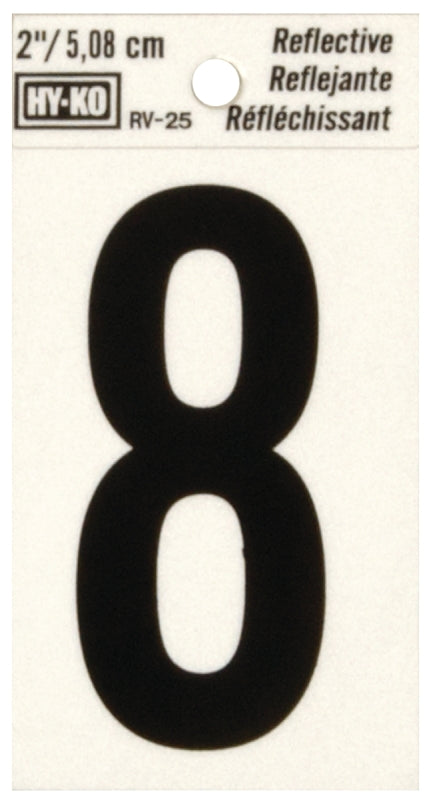 Hy-Ko RV-25 Series RV-25/8 Self-Adhesive Reflective Number, Character: 8, 2 in H Character, Black Character, Vinyl, Pack of 10