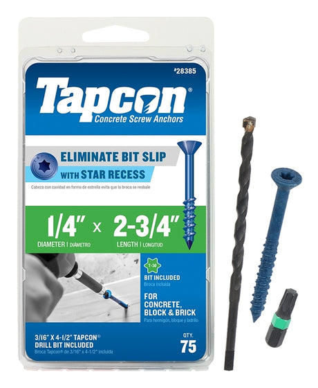 Tapcon 28385 Concrete Screw Anchor, T30 Screw, 1/4 in Dia, 2-3/4 in L, Steel, Climaseal, 75/PK