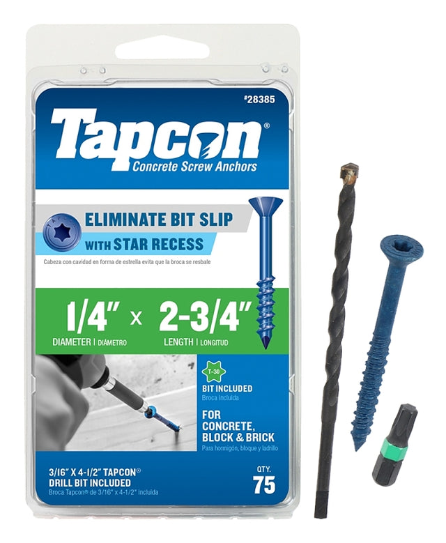 Tapcon 28385 Concrete Screw Anchor, T30 Screw, 1/4 in Dia, 2-3/4 in L, Steel, Climaseal, 75/PK