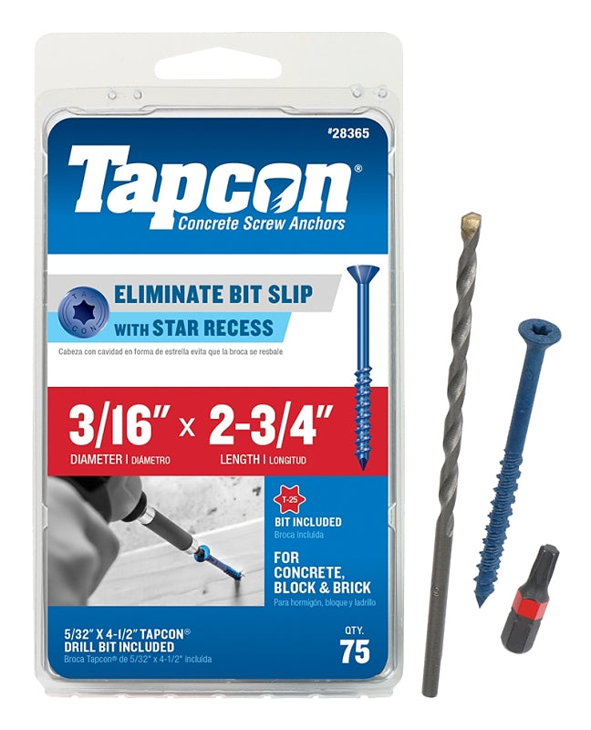 Tapcon 28365 Concrete Screw Anchor, T25 Screw, 3/16 in Dia, 2-3/4 in L, Steel, Climaseal, 75/PK