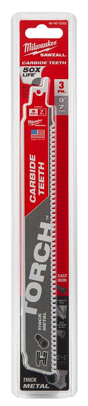 Milwaukee TORCH 48-00-5302 Series Reciprocating Saw Blade, 1 in W, 9 in L, 7 TPI, Carbide Cutting Edge, 3/PK