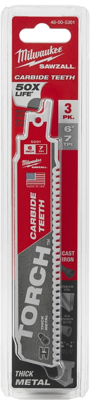 Milwaukee TORCH 48-00-5301 Series Reciprocating Saw Blade, 1 in W, 6 in L, 7 TPI, Carbide Cutting Edge, 3/PK