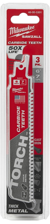 Milwaukee TORCH 48-00-5301 Series Reciprocating Saw Blade, 1 in W, 6 in L, 7 TPI, Carbide Cutting Edge, 3/PK