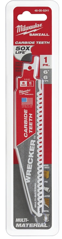 Milwaukee The WRECKER 48-00-5241 Reciprocating Saw Blade, 6 in L, 6 TPI, Carbide Cutting Edge